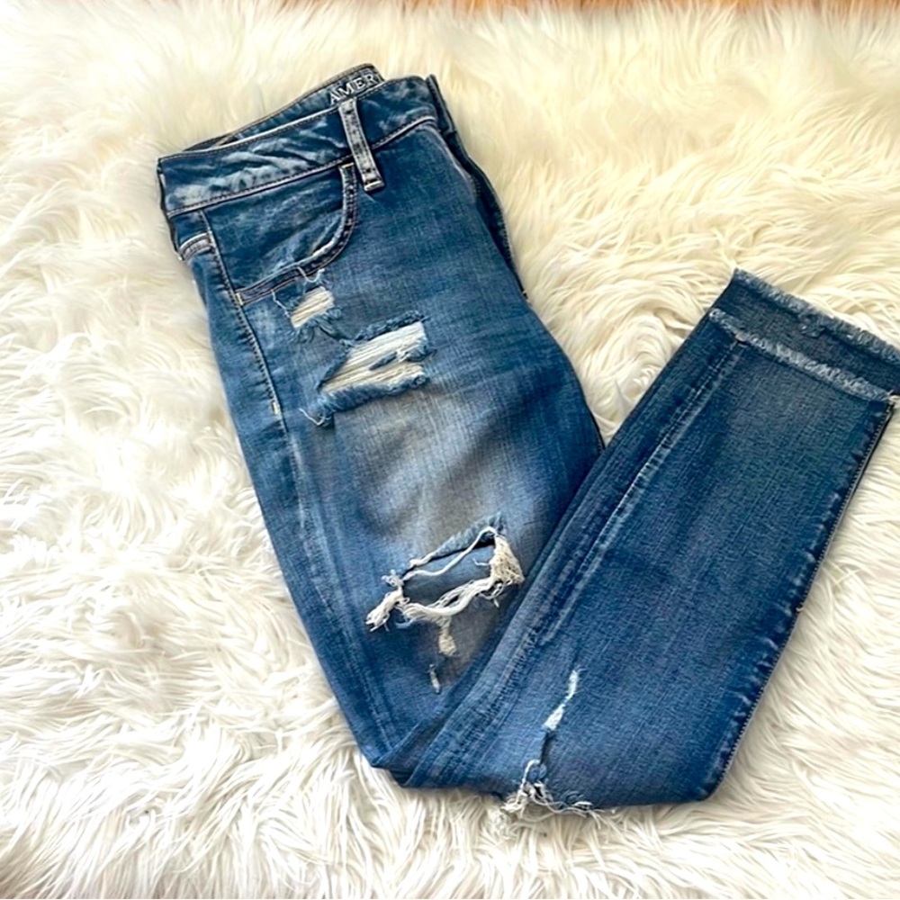 American Eagle Outfitters Blue Skinny Jeans with Distressed Details